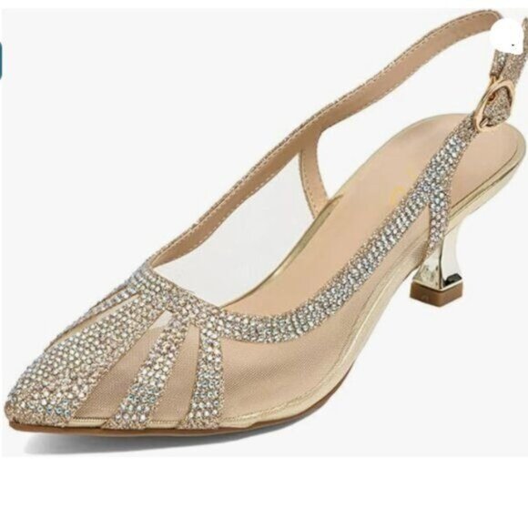 XYD Women Bridal Slingback Heels Pumps Closed Pointed Toe ,Mesh Rhinestone Studs - Picture 1 of 8